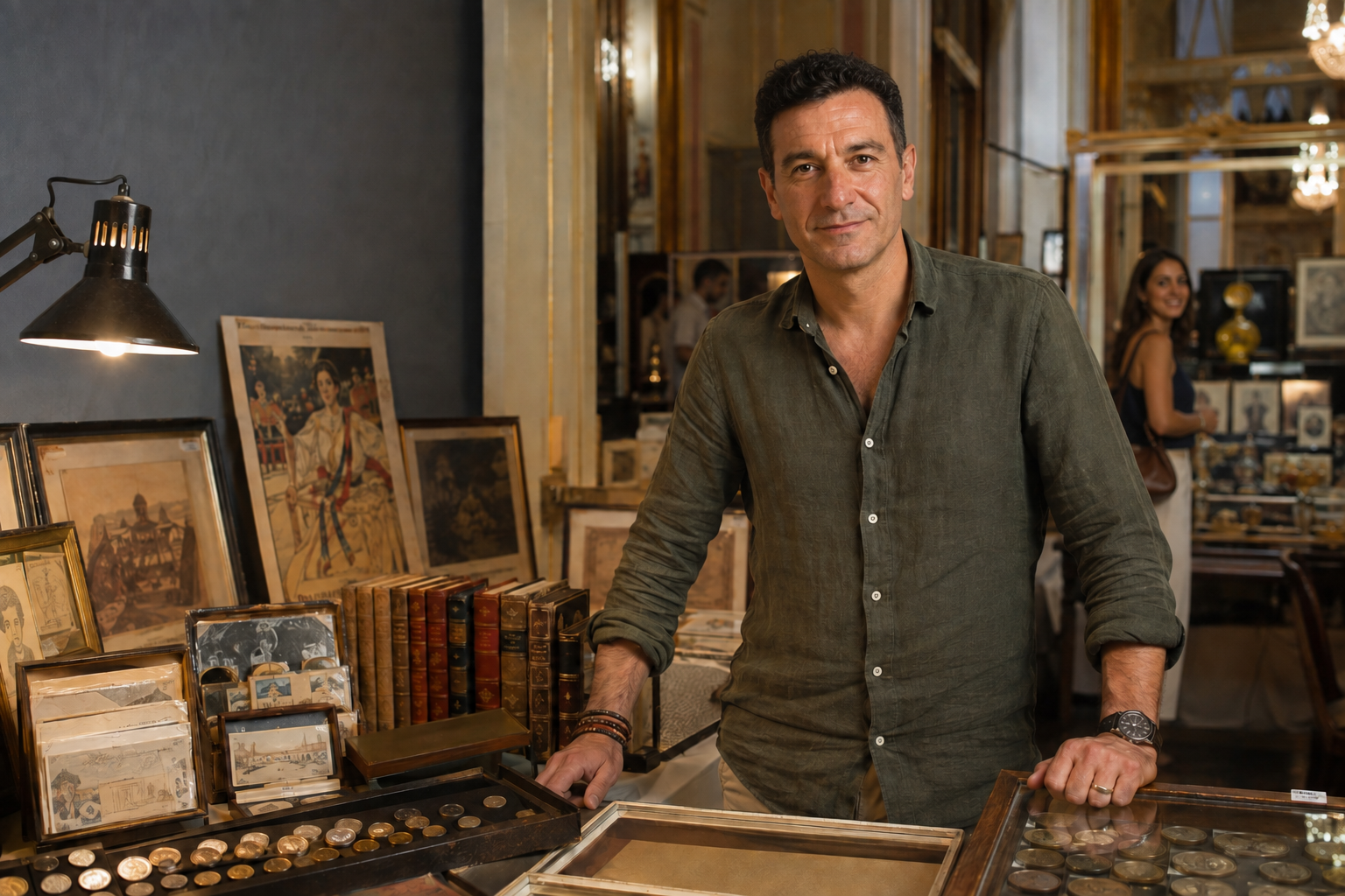 Antiquaire Langlois sur son stand dans un salon